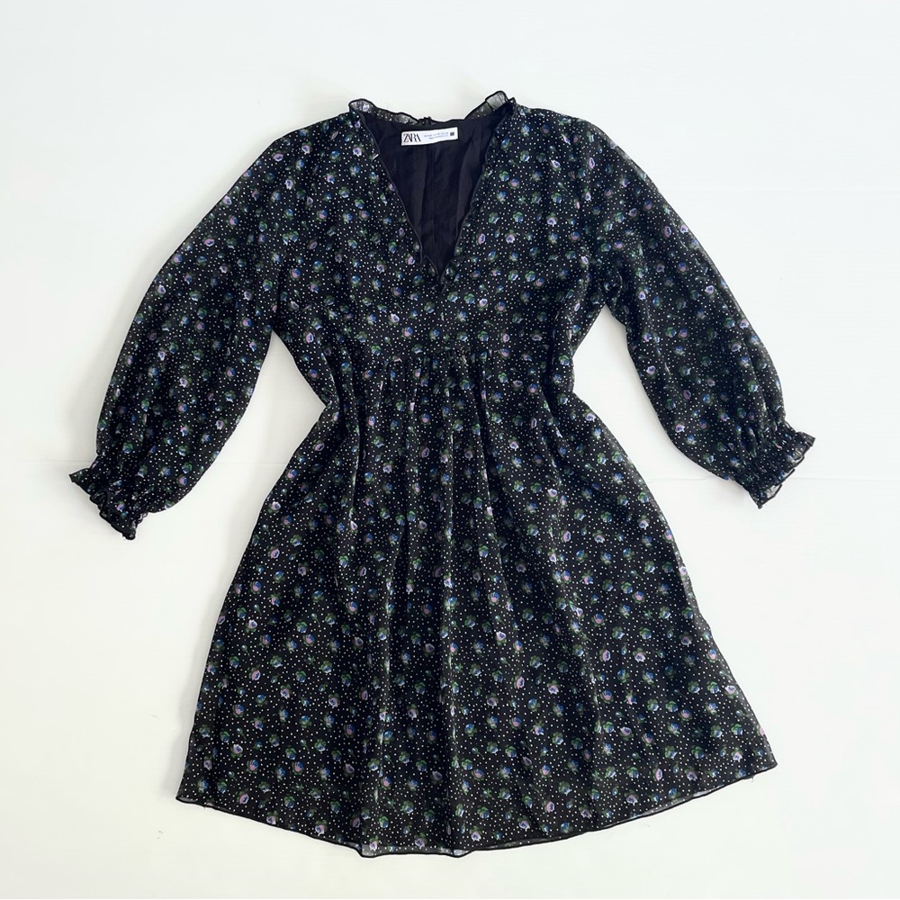 Zara Floral Print Black Ruffle Babydoll Mini Dress